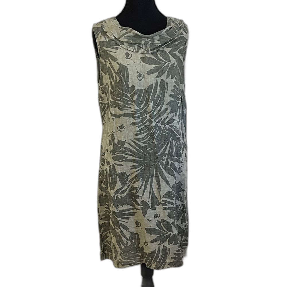 Lina Tomei Green Linen Sleeveless Leaf Print Dress Sixe XL Cowl Neck Pockets